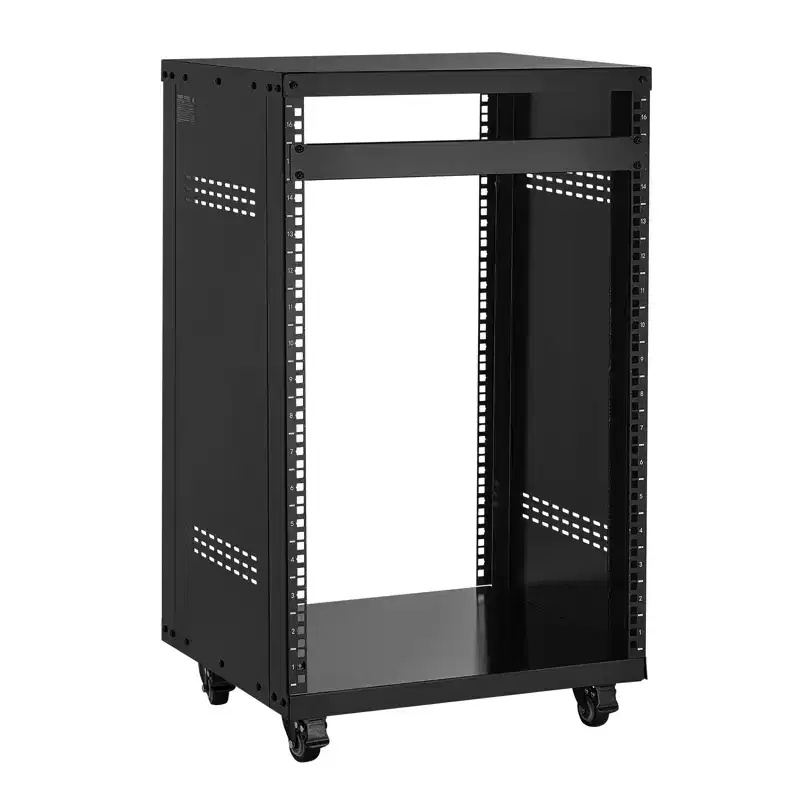 VEVOR 16U AV Rack, 200 lbs Max Capacity, Home Recording Studio Rack with Lockable Caster Wheels, Open Frame Server Cabinet, Special Vent Design, Black