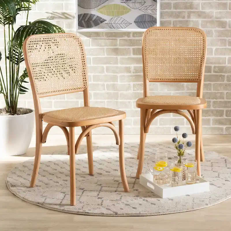Neah Mid-Century Modern 2-Piece Woven Rattan and Wood Dining Chair Set