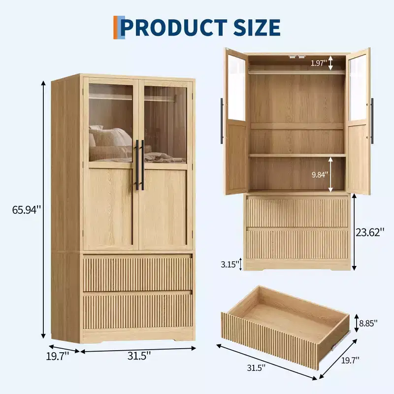 COZONY 66 Natural Wooden Bedroom Armoire Wardrobe Closet with Hanging Rod and Drawer Storage