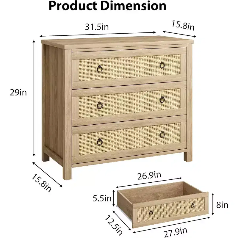 Natural Rattan 3 Drawer Dresser - Freestanding Storage Cabinet with Anti-Tip Design, Extra Deep Drawers for Bedroom, Nursery, Living Room, Office
