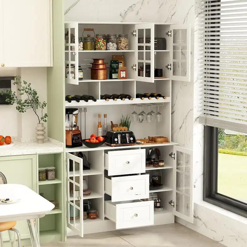 78.9Pantry Buffet White Buffet with Wine Glass Rack Drawer and Hutch