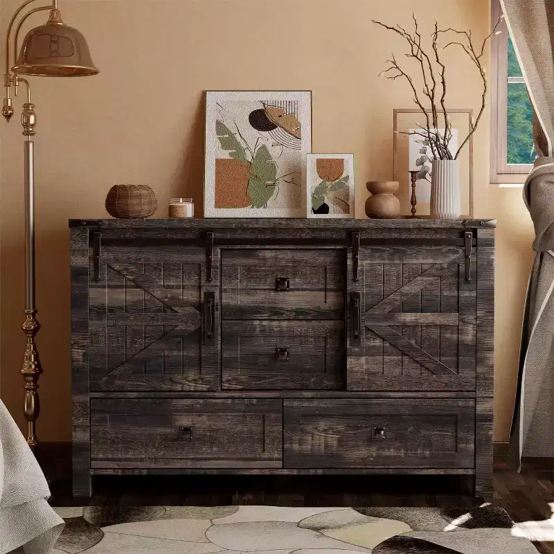 SinCiDo Farmhouse 48 Dresser w/4 Drawers & 2 Barn Doors, Chest of Drawers & Rustic TV Stand w/Adjustable Shelf for Living Room