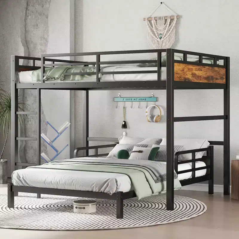 Full XL over Full XL Metal Bunk Bed/Metal Loft Bed and Metal Platform Beds,with Raised Security Fence,Vintage Wood-colored