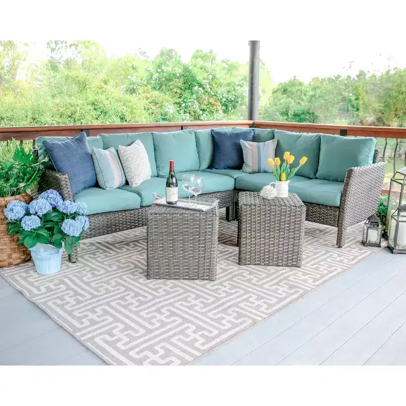 Leisure Made Canton 6pc Wicker Sectional in Spa Blue Fabric