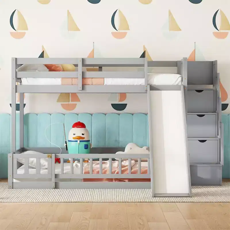 Twin Over Full Bunk Bed For Kids, Wooden Stair Bunk Bed Frame With Slide, High Guardrails, Strong Wooden Slats Supports, No Box Spring Needed