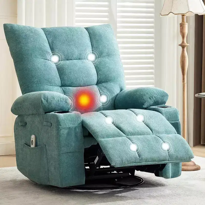 Acekool Manual Swivel Recliner Chair with Massage & Heat, Rocker, Thick Padded PU Leather, Overstuffed Cushion for Back Relief, Living Room