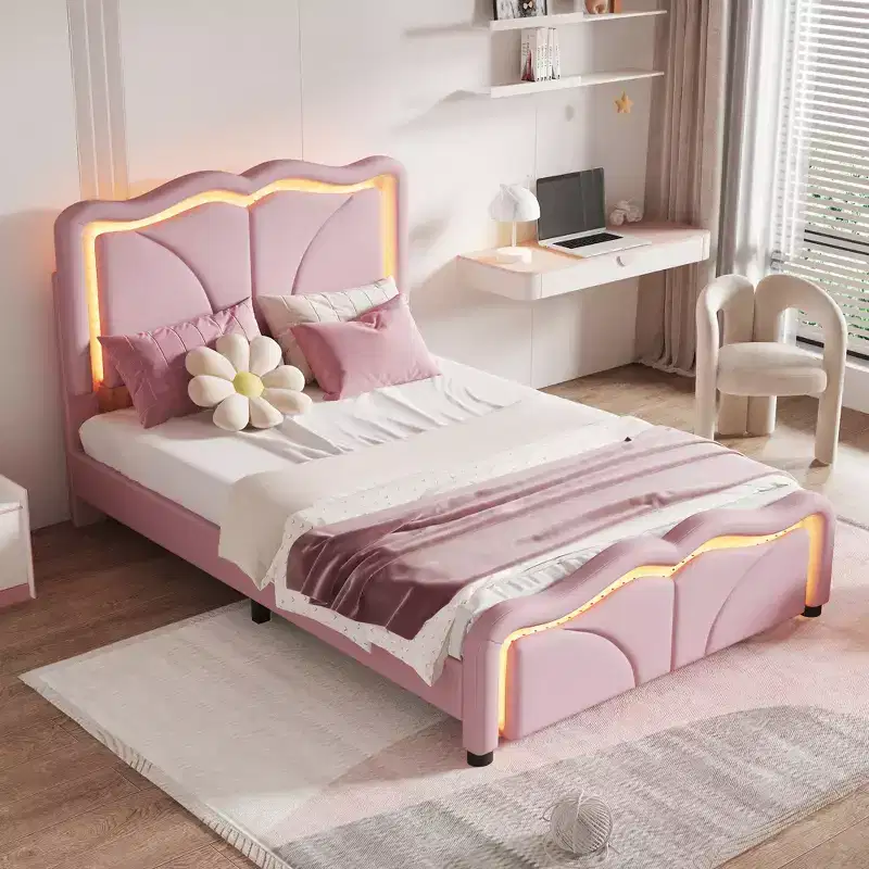 Twin/Full Upholstered Platform Bed with Adjustable Headboard and LED Light Strip