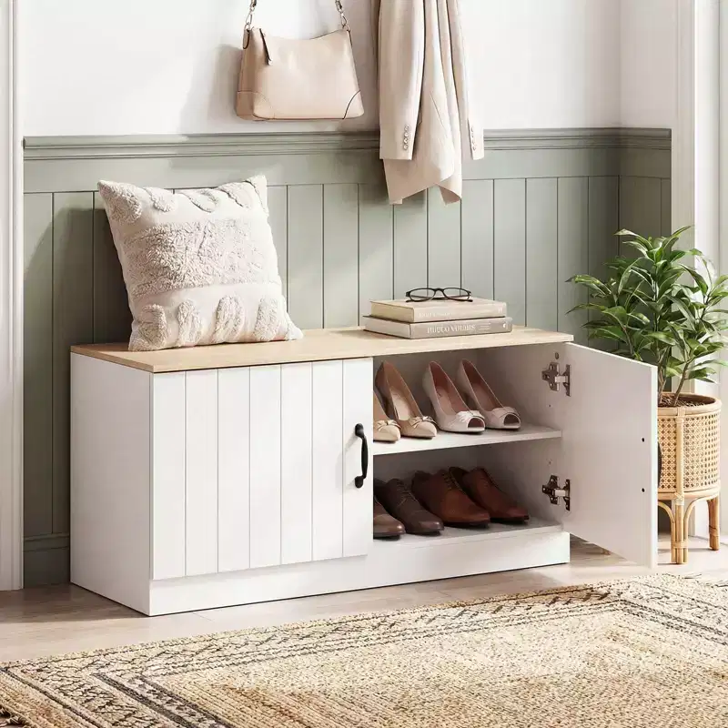 2-Door Shoe Bench wirh Adjustable Shelves Hidden Storage Space Natural + White/Whi5te
