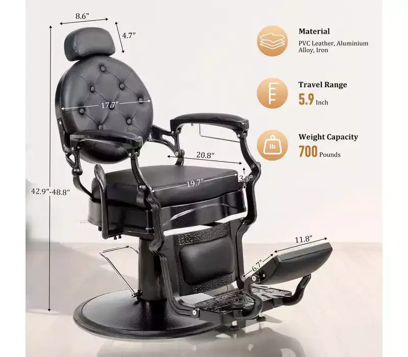 Retro Heavy-Duty Hydraulic Reclining Barber Chair, Black, 330 lb Capacity