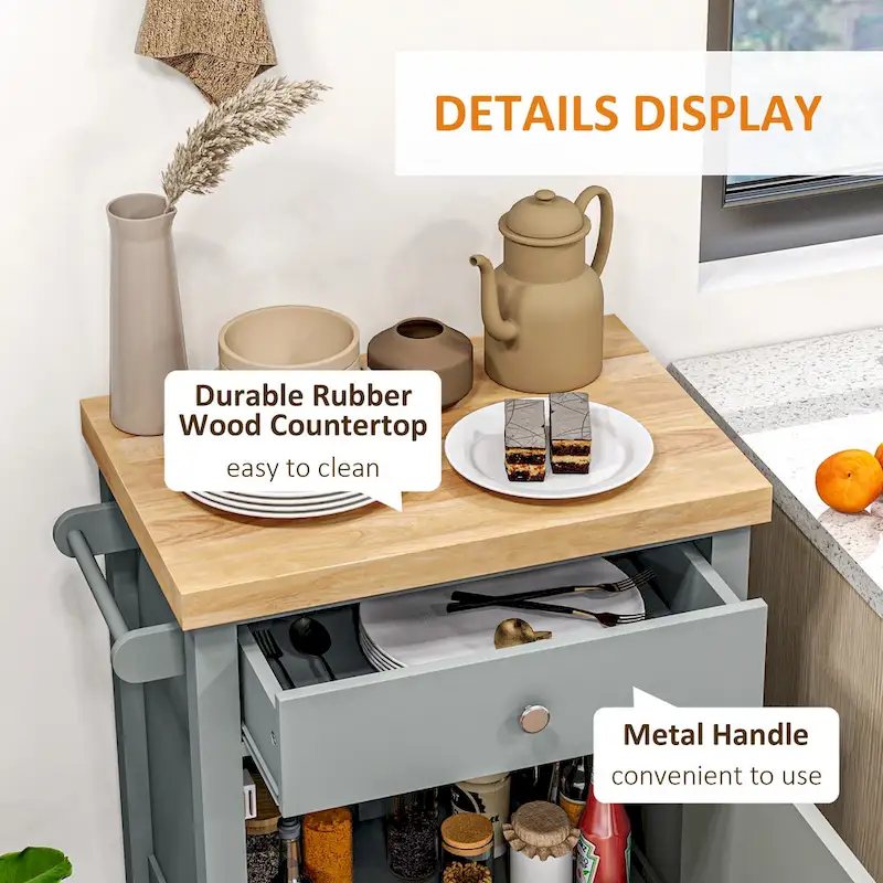 HOMCOM Utility Kitchen Cart, Rolling Kitchen Island with Smooth Rubberwood Top, Narrow Butcher Block Surface on Wheels