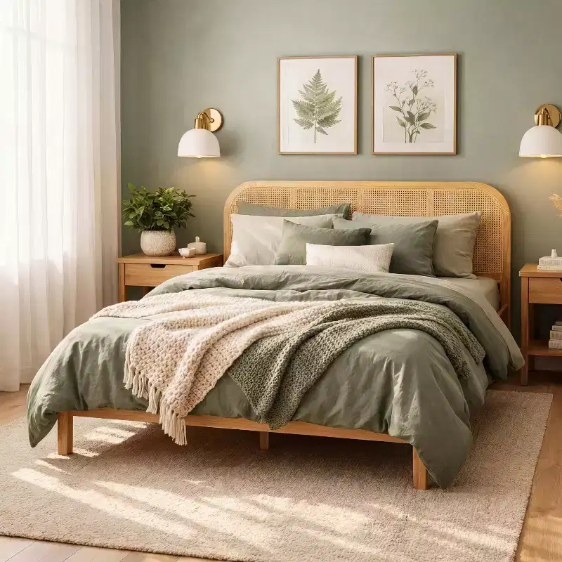 Christopher Knight Home Callahan Modern Boho Wood Platform Bed Frame with Rattan Headboard