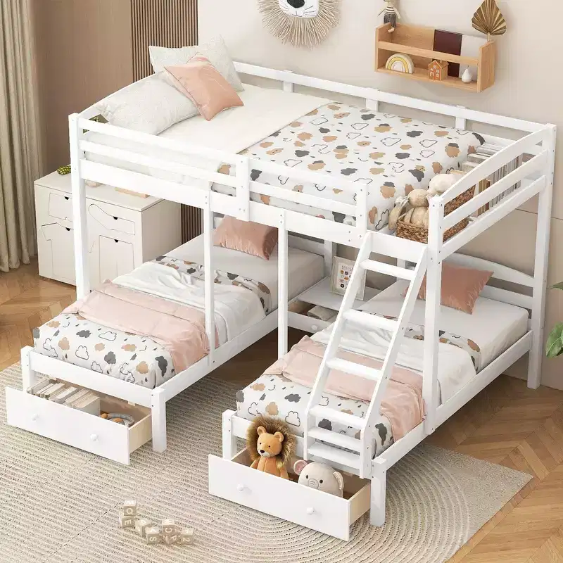 Whisen Triple Bunk Bed, Full over Twin & Twin Bunk Bed with Solid Pine Wood Frame, Storage Drawers, Shelves and Safety Guardrails - White