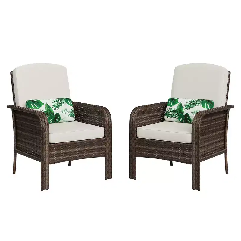 Outdoor Wicker Chairs Set of 2, High Back Rattan Patio Chairs with Comfy Cushion, All-Weather Outside Club Chairs for Balcony Deck Garden