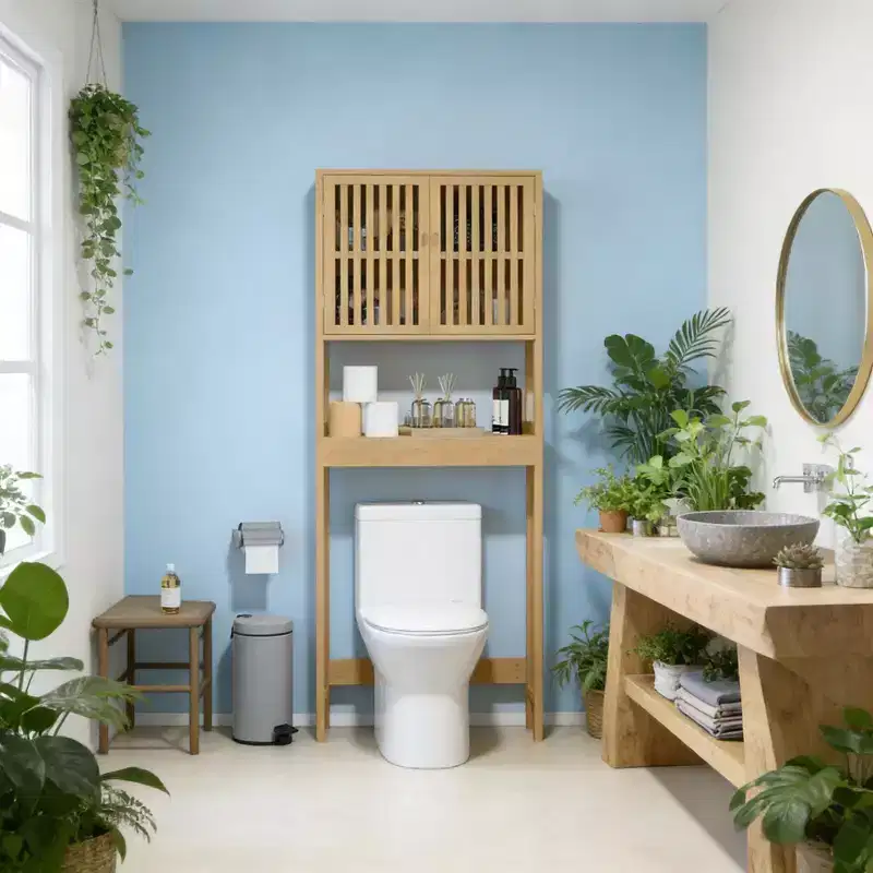 GDFStudio Rhett Vertical Bamboo Over Toilet Storage Cabinet with Adjustable Shelves and Slatted Doors