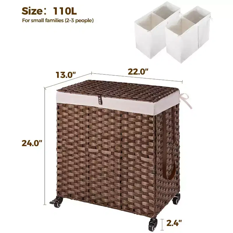 Greenstell Laundry Basket with Lid, Two Removable Inner Lining Bags, Two-compartment Garment Storage Basket