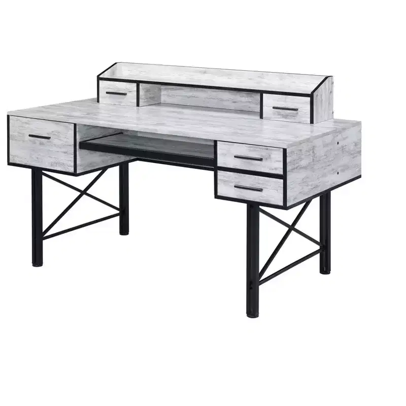 HomeRoots 59 Antiqued White and Black Computer Desk With Five Drawers