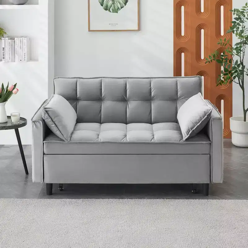 Modern Velevt Loveseat Sleeper Sofa Couch Pull Out Bed with Toss Pillows Pockets for Living Room Bedroom Gray