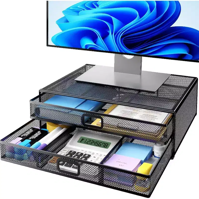 2-Tier Monitor Stand - Metal Riser with Drawer, Desk Organizer for PC, Laptop & Printer Storage, Stylish and Functional Design