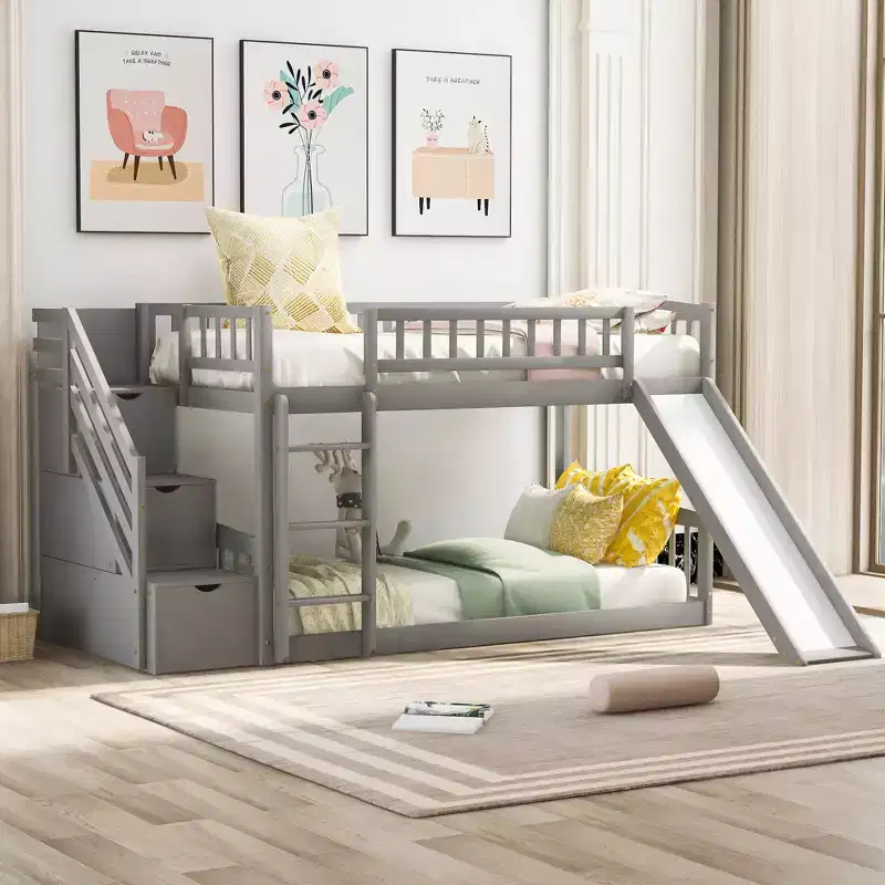 Stairway Twin over Twin Bunk Bed with Two Drawers and Slide-ModernLuxe