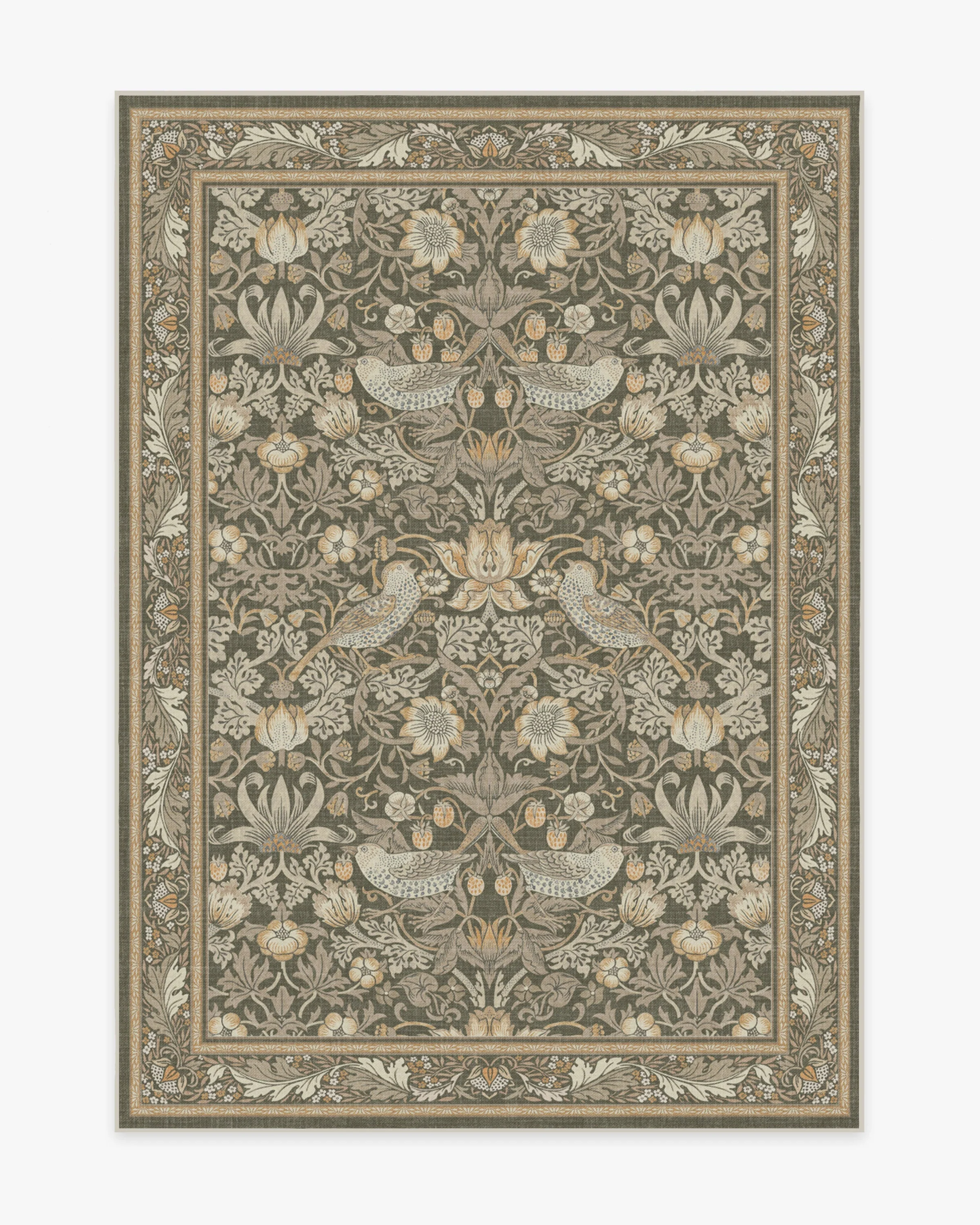 British Garden Flatwoven Rug with Washable Stone Gold Botanical Vine Pattern for Living Room & Study