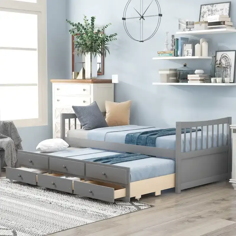 Twin Wooden Daybed with Trundle, Drawers & Headboard