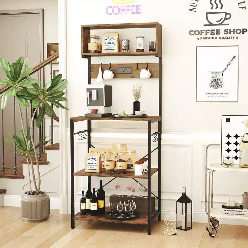 Kitchen Baker's Rack 5-Tier Coffee Bar Station with Power Outlet and Storage Hutch, Open Shelves