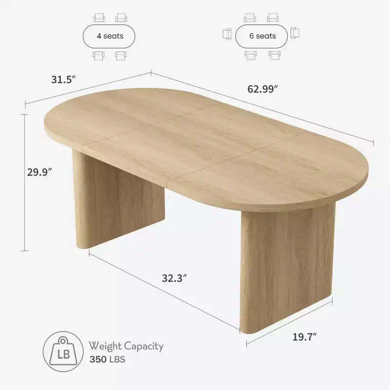 62.99 Inch Oval Dining Table for 4-6 Farmhouse Dining Table with Double Pedestal Base Wooden Kitchen Table for Dining Room Living Room, Wood Color