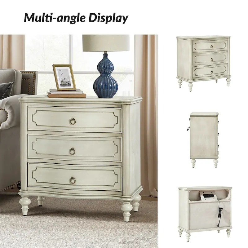 Traditional 3-Drawer Nightstand with Solid Wood Spindle Legs, 2