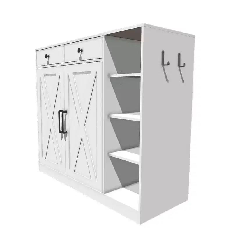 Shoe Cabinet for Entryway with Doors, Hooks & 3 Open Racks - 4 Adjustable Shelves Storage Organizer for Hallway and Living Room, White