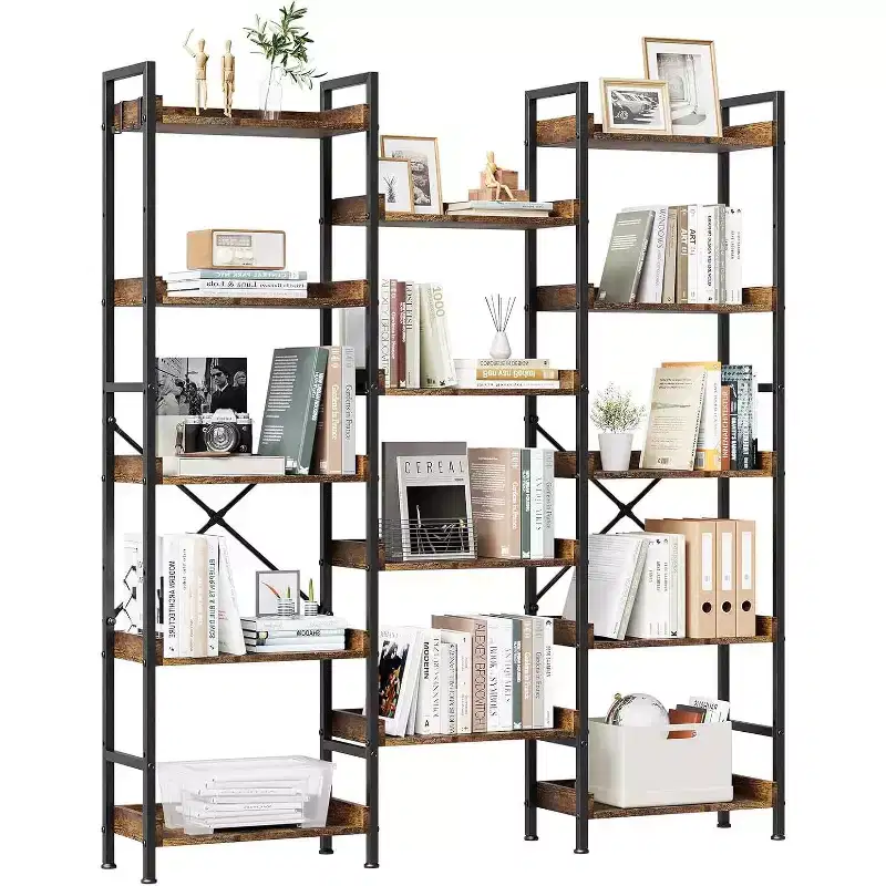 Triple 5-Tier Industrial Bookshelf,Wooden Bookcase with 14 Open Shelves,Sturdy Metal Frame,Storage Rack for Living Room, Bedroom, Home Office