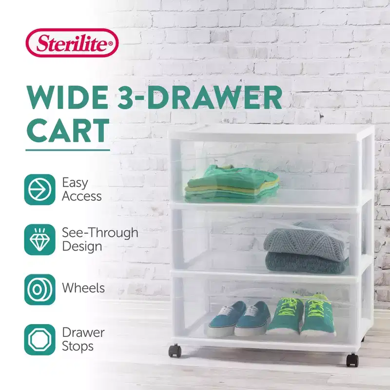 Wide 3 Drawer Storage Cart, Plastic Rolling Organizer, White, 4 Pack