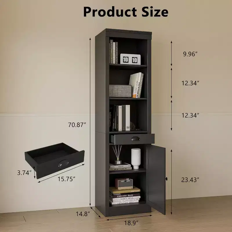Acekool 71 Tall Bookcase with Cabinet, 3-Shelf Bookcase and Adjustable Storage, Modern Organizer