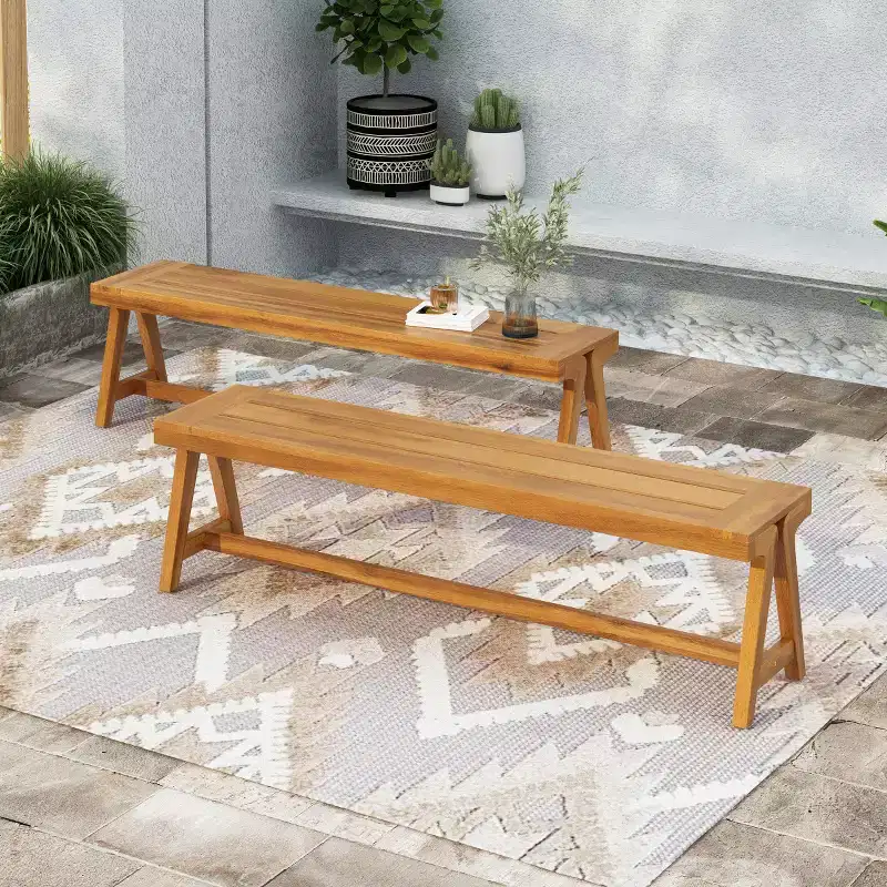 Set of 2 Outdoor Dining Benches, Acacia Wood Patio Bench Seating, All-Weather Garden Bench for Poolside & Outdoor Dining-Panipeachy