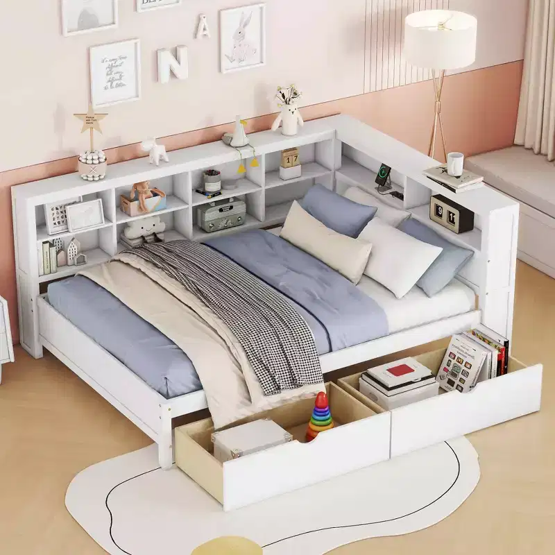 Wooden Full Size Daybed with 2 Drawers, Storage Shelf and Charging Ports for Bedroom, White