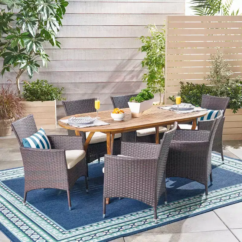 Christopher Knight Home Outdoor Acacia Wood and Wicker 7 Piece Dining Set with Cushions