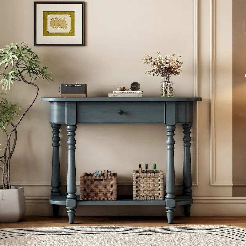Retro Narrow Console Table with Curved Corner, Top Drawer & Open Shelf