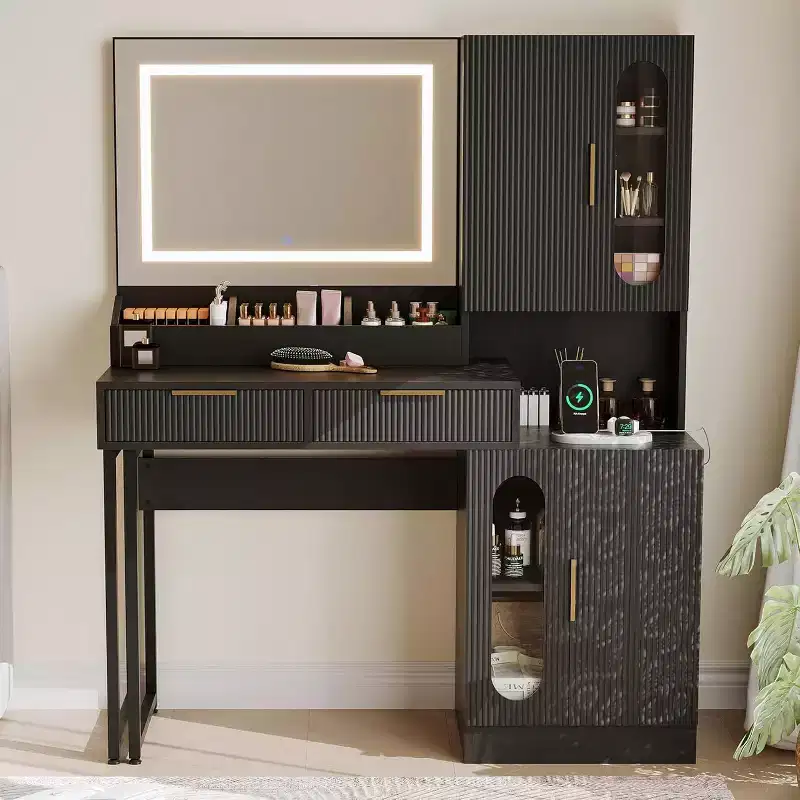 Acekool Modern Vanity Desk with Mirror, Drawers & Cabinets, Fluted Makeup Table for Bedroom