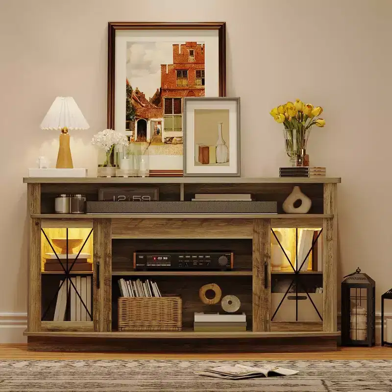 GustoWave Farmhouse TV Stand with Storage Cabinets, LED Entertainment Center for up to 65 Inch TVs, Retro Gray