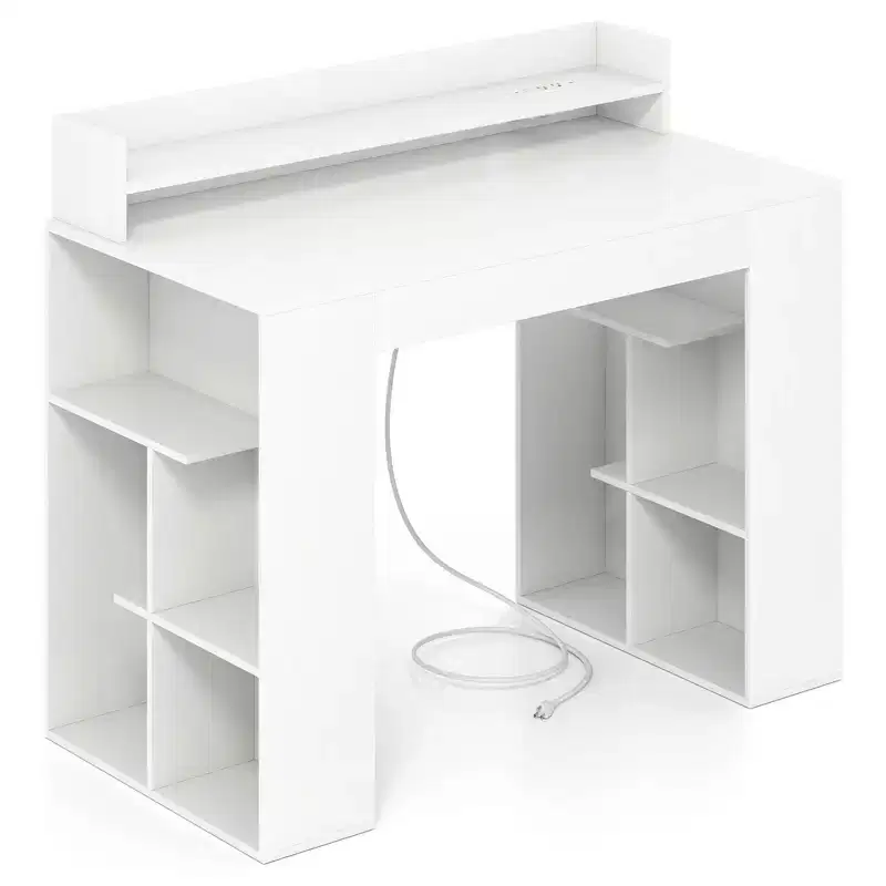 Costway 43 Home Office Desk with Power Outlets Monitor Shelf Bookshelf & Cable Hole