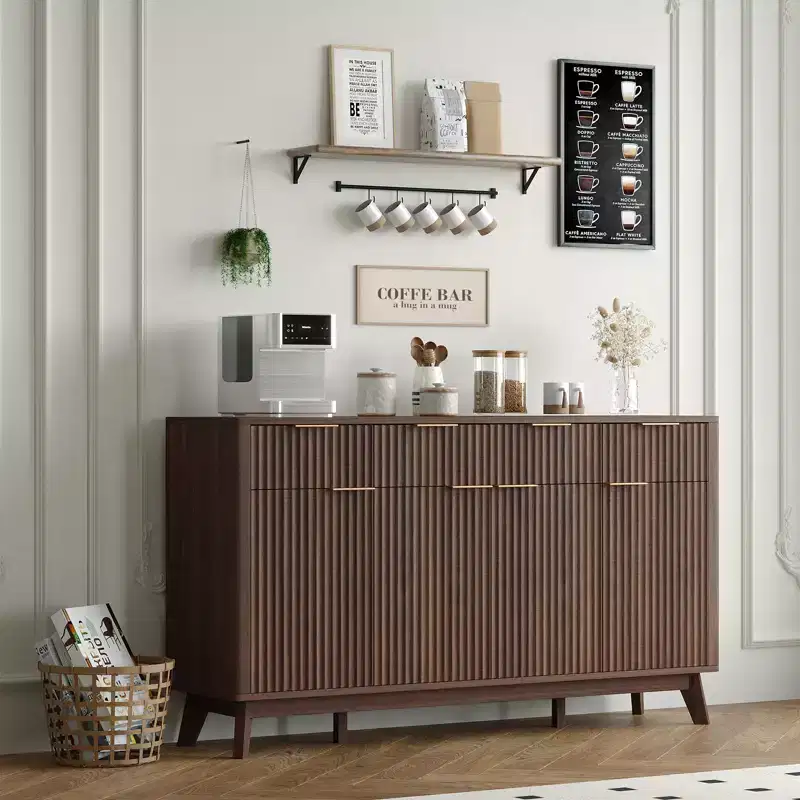 LinTimes Large Farmhouse Sideboard Buffet Cabinet for Dining Room  Drawers, Adjustable Shelves, Fluted Wood Storage