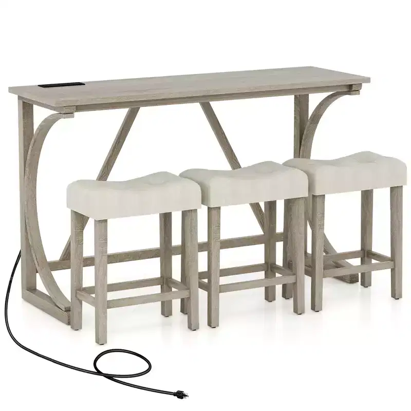 Costway 4-Piece Bar Table Set w/ Power Outlet Counter Height Bistro Table and Stools