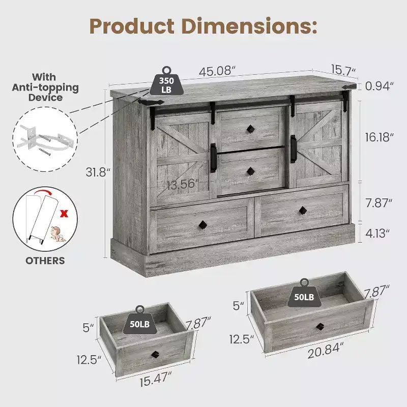 COZONY 45 White 4 Drawer Dresser with Barn Doors  Bedroom Wood Dresser for Closet, Living Room, TV Stand