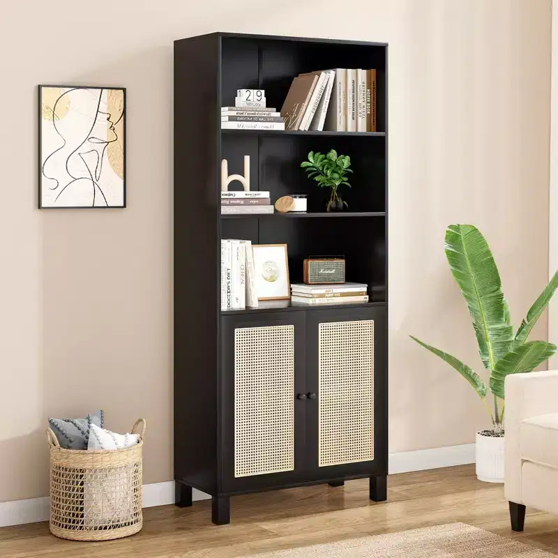 5 Shelf Bookshelf with Rattan Doors White Tall Bookcase Display Shelves for Home Office Bedroom