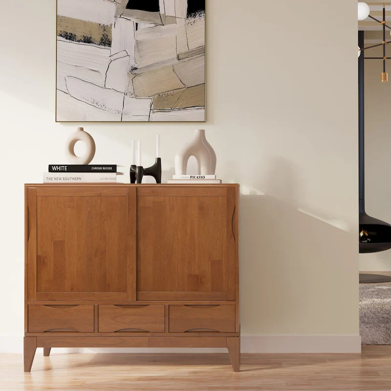 48-Inch Wide Mid-Century Modern Storage Cabinet with Sliding Doors and Drawers