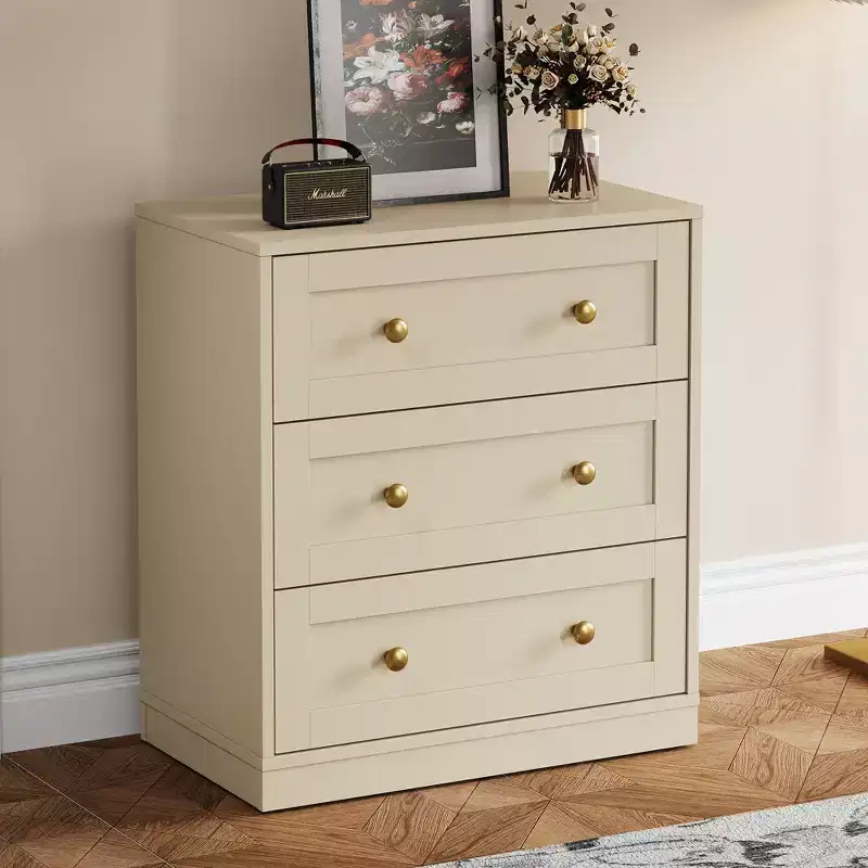 3-Drawer Nightstand, Spacious Bedside Table with Gold Round Knobs, Modern Wooden End Table, Accent Chest of Drawers for Bedroom