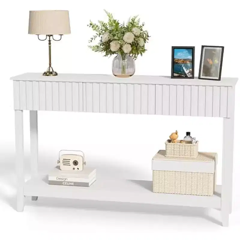 VINGLI Wavy Entryway Table with Drawers, 51 Console Table with Storage Shelf, Narrow Sofa Table, Entry Table for Living Room, Hallway, White