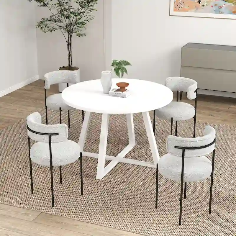 Roundhill Durban 5-Piece Round Dining Set, Trestle Dining Table with 4 Boucle Chairs