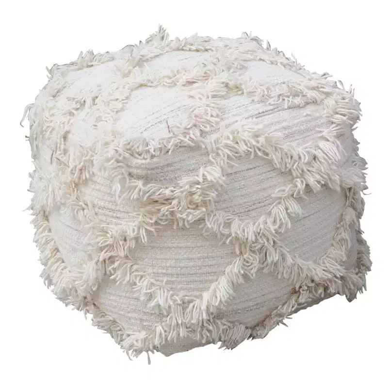 Handcrafted Boho Wool Cube Pouf with Fringe Accents