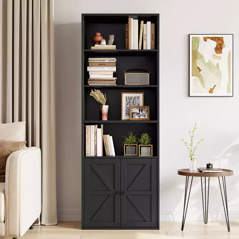 71.4in Tall Farmhouse Bookcase with Doors 11.8in Depth Display Storage Shelves Industrial Bookshelf Wooden 6 Shelf Bookshelves for Living Room