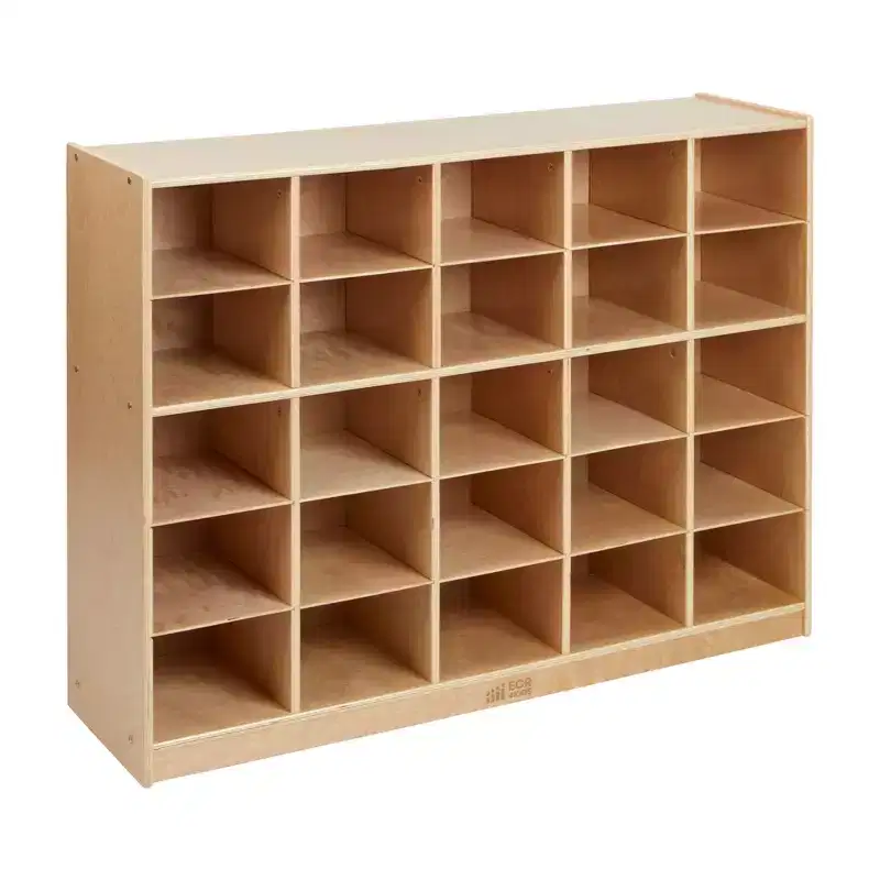 ECR4Kids 25 Cubby Mobile Tray Storage Cabinet, 5x5, Classroom Furniture, Natural